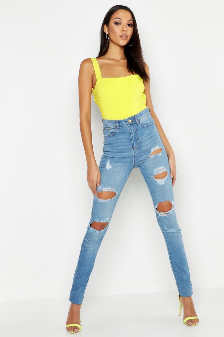 Tall One Button Distress High Rise Skinny Jean image number 1