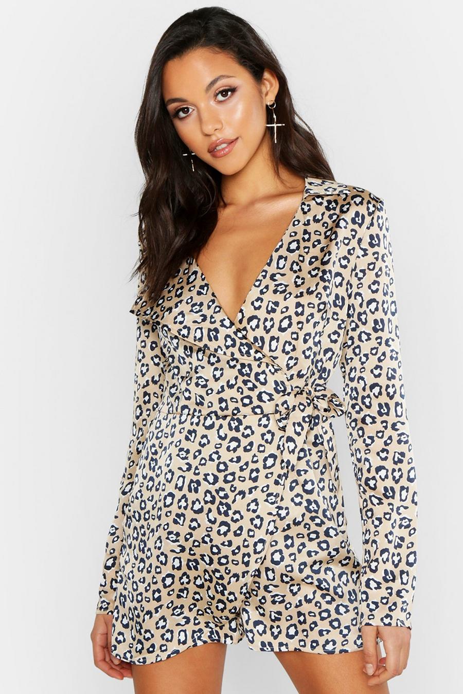 Stone Tall Leopard Print Wrap Playsuit image number 1