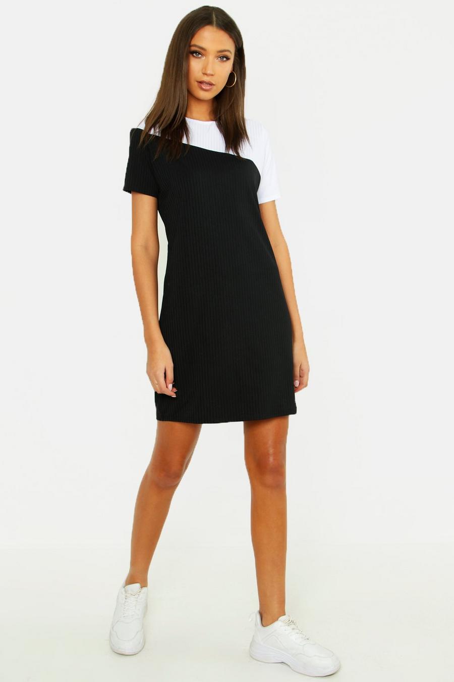Tall T-Shirt-Kleid in Colorblock-Optik mit tonaler Rippung, Schwarz image number 1