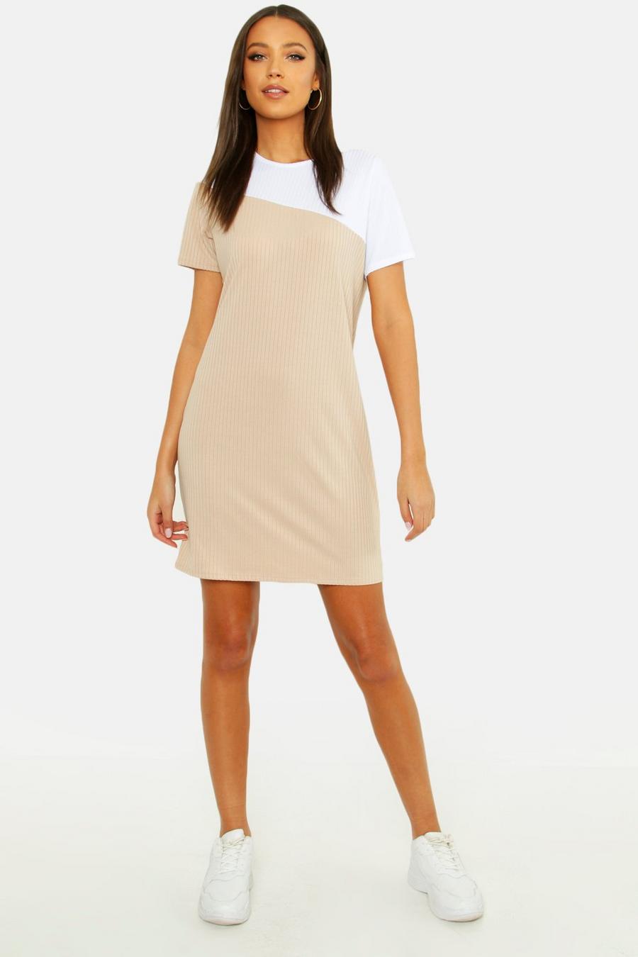 Tall T-Shirt-Kleid in Colorblock-Optik mit tonaler Rippung, Stone image number 1