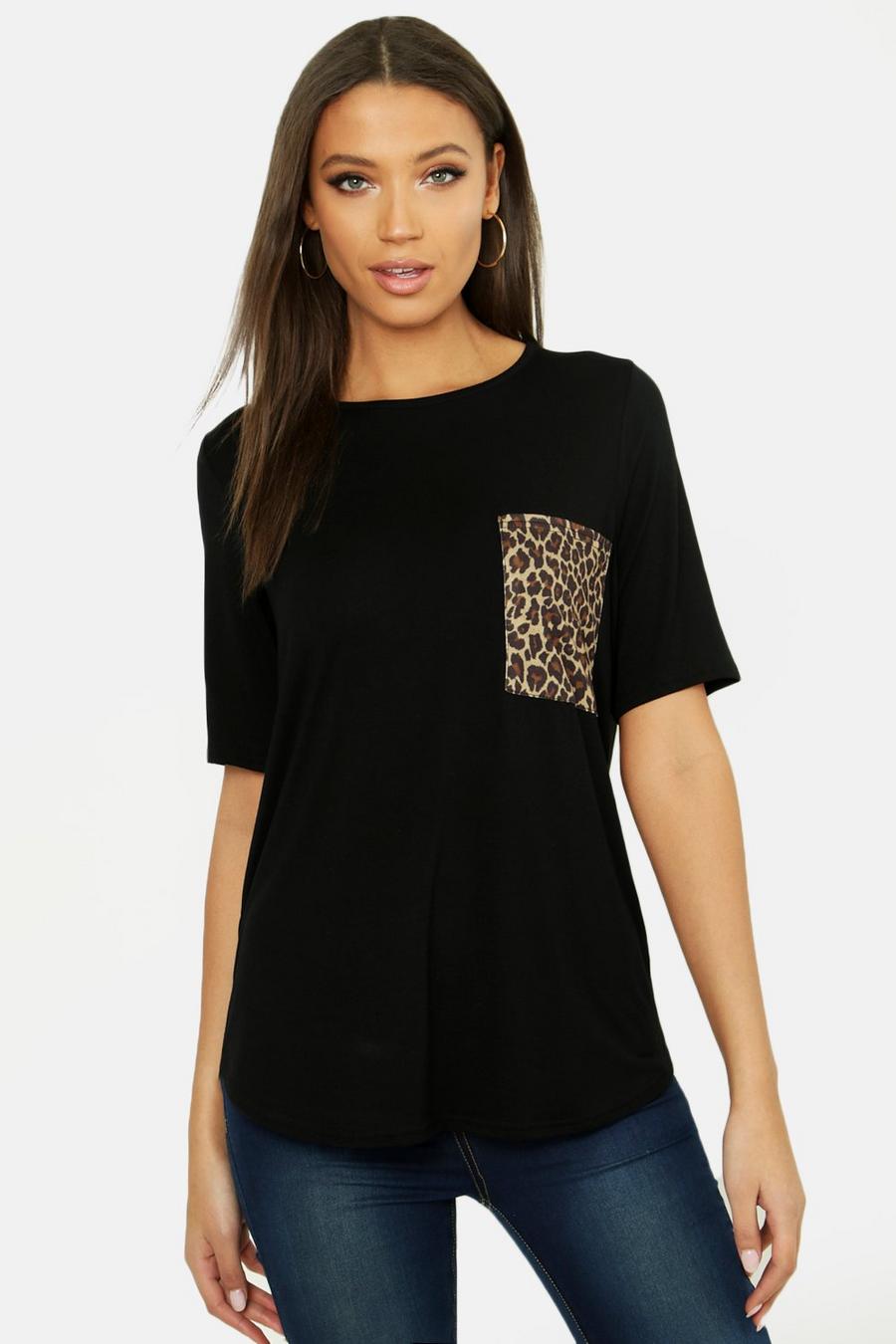 Tall - T-shirt med leopardmönstrad ficka image number 1