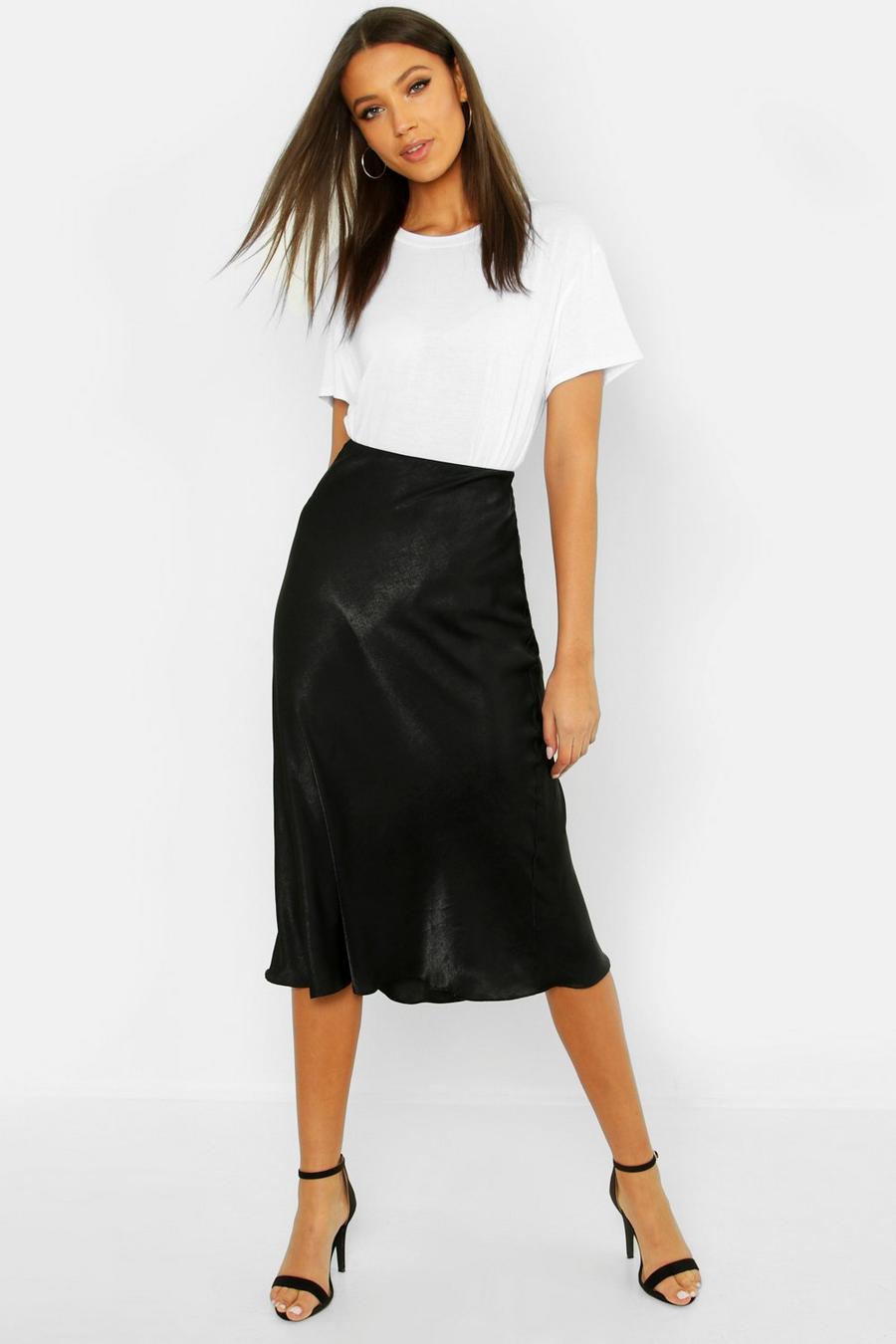 Black Tall Bias Cut Satin Midi Skirt