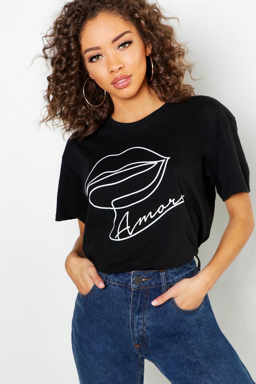 Black Tall Amore Lips Slogan T-Shirt image number 1