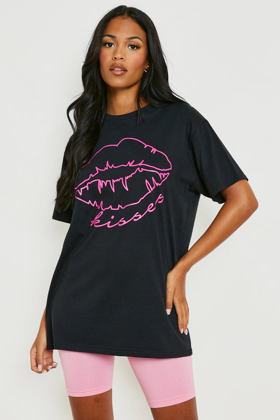 Black Tall Neon Lips Slogan T-Shirt