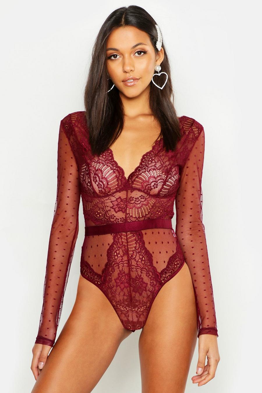 Tall Plunge Lace Long Sleeve Bodysuit image number 1