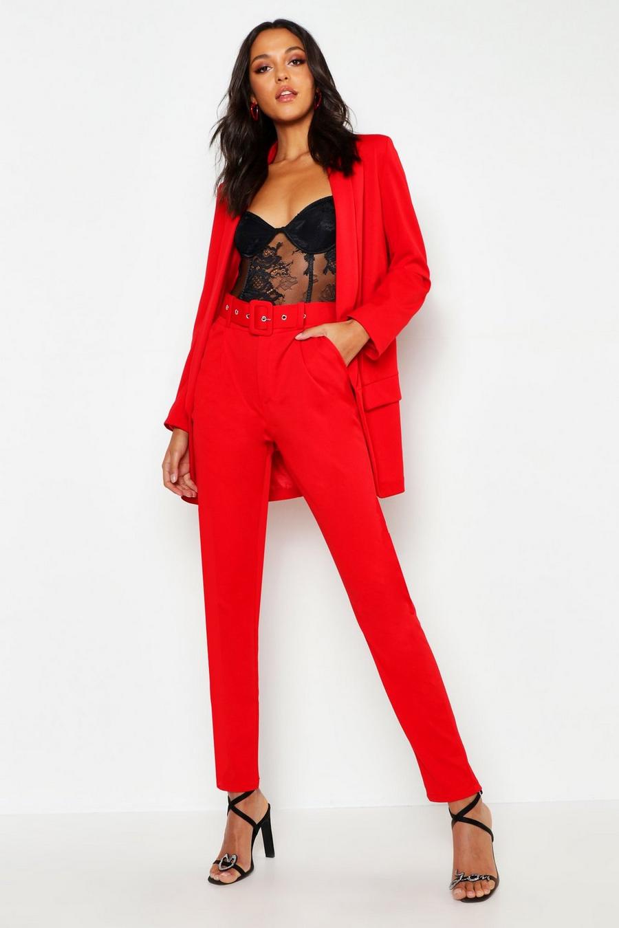 Red Tall Self Belt Dress Pants image number 1