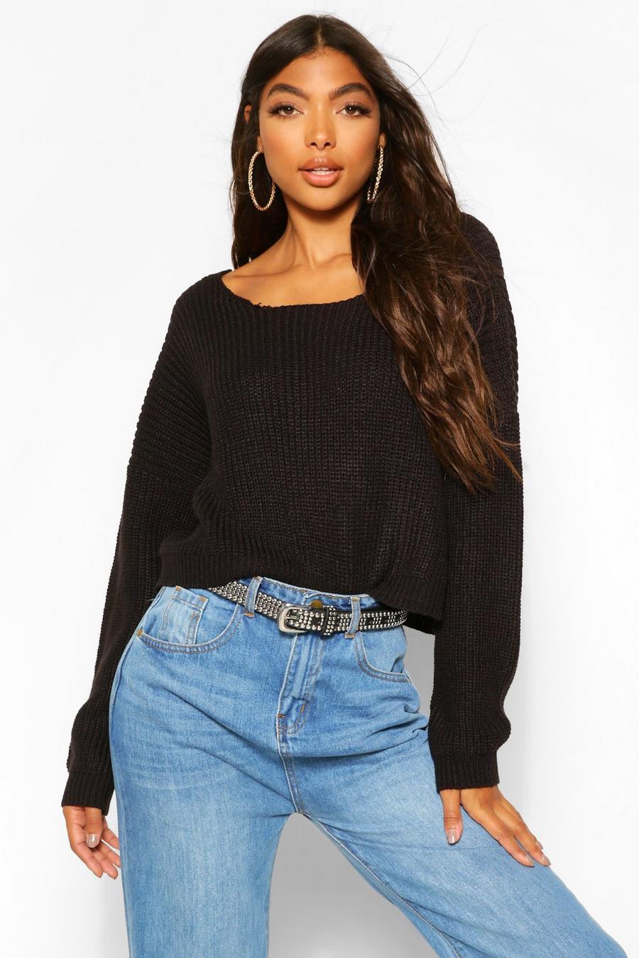 Black Tall Basic V Back Cropped Sweater image number 1