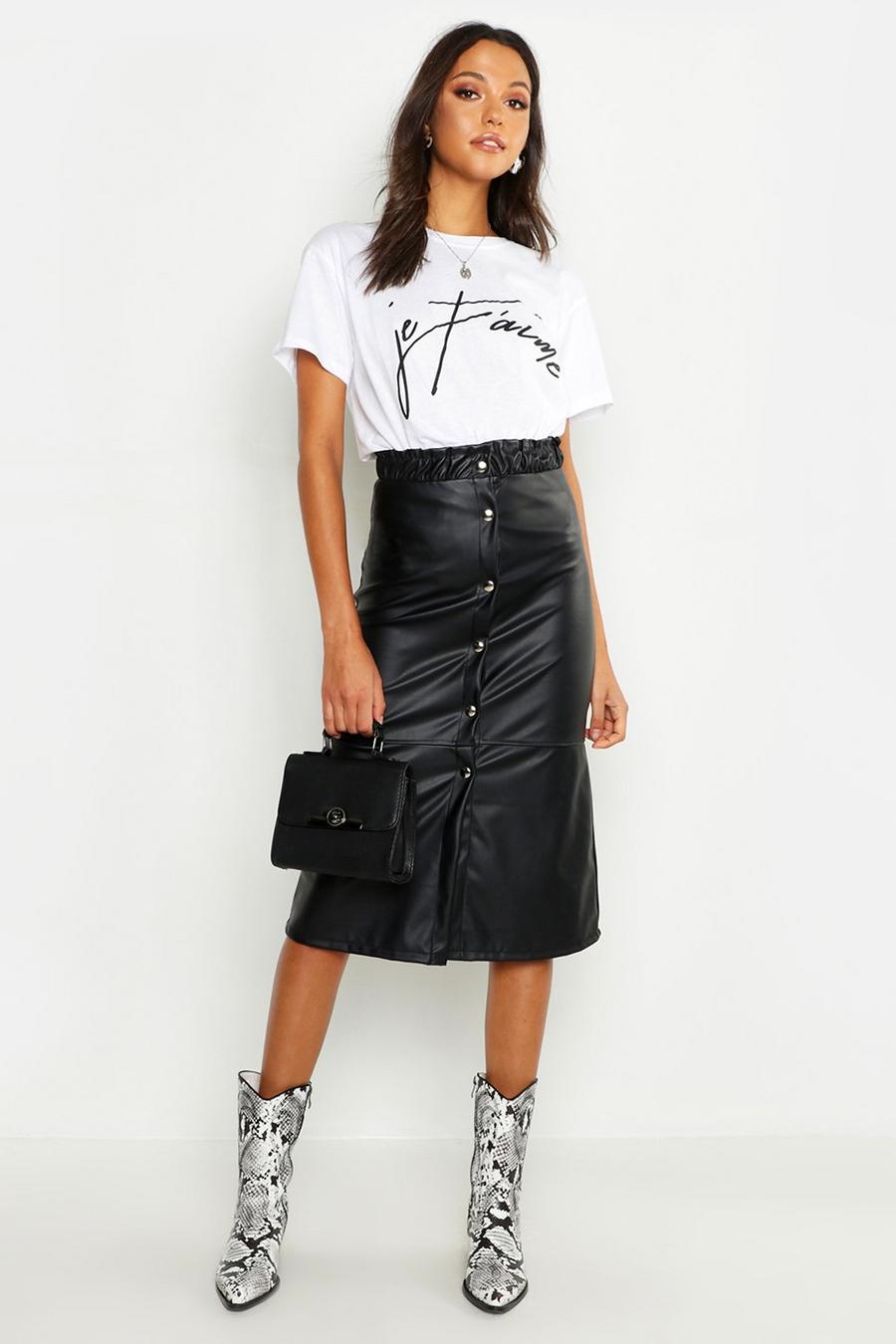 Black Tall Button Front Faux Leather Midi Skirt image number 1