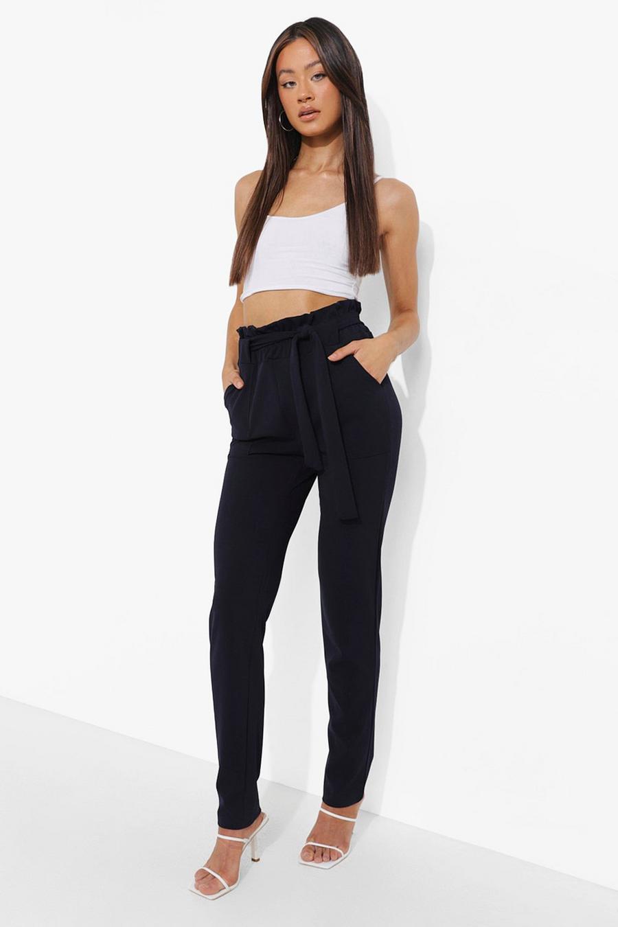Navy Tall Paperbag Waist Belted Pants image number 1