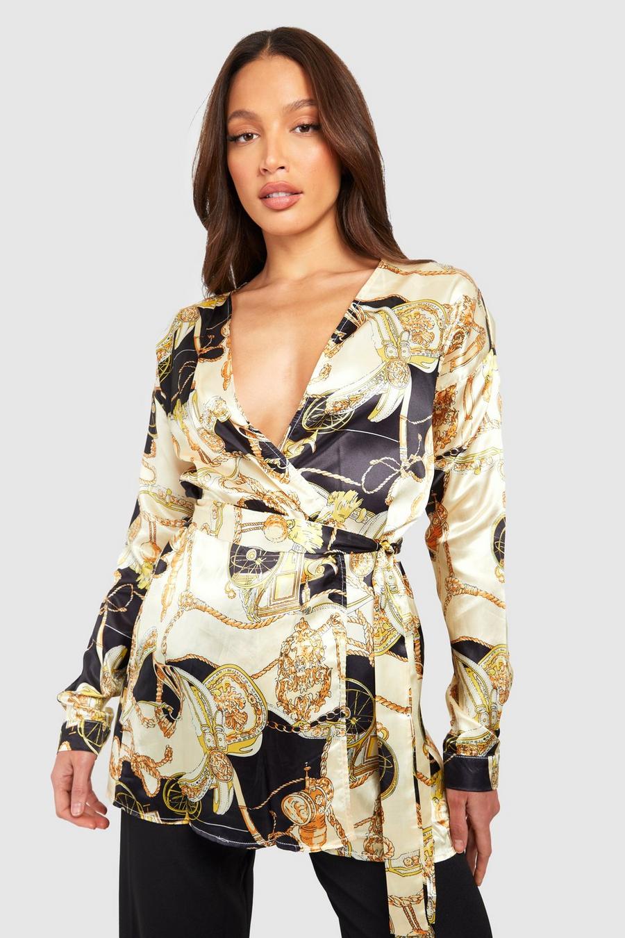 Ivory Tall Satin Chain Print Wrap Shirt image number 1