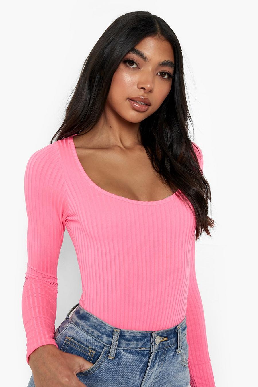 Neon-pink Tall Rib Square Neck Bodysuit image number 1