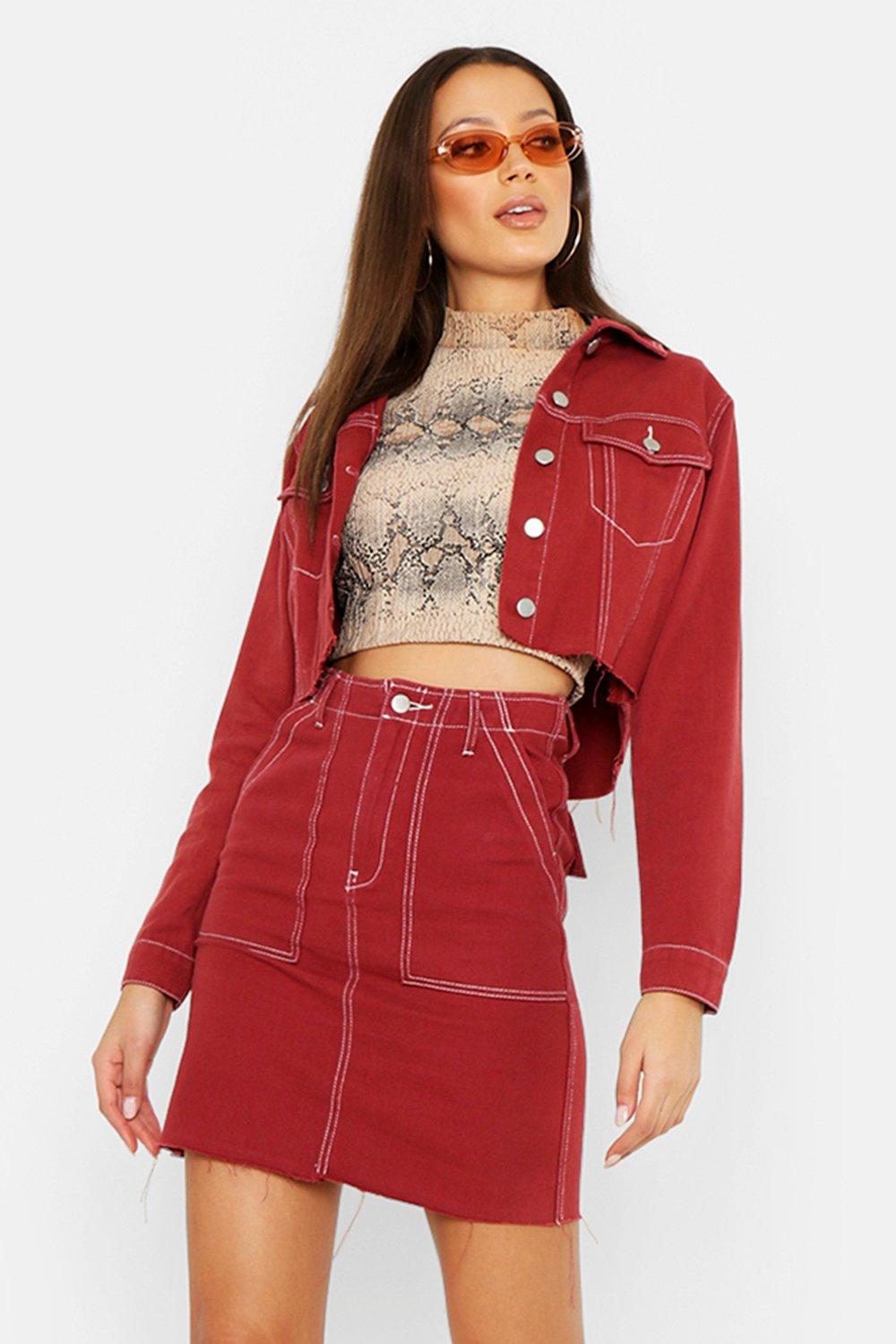 Red contrast best sale stitch denim jacket