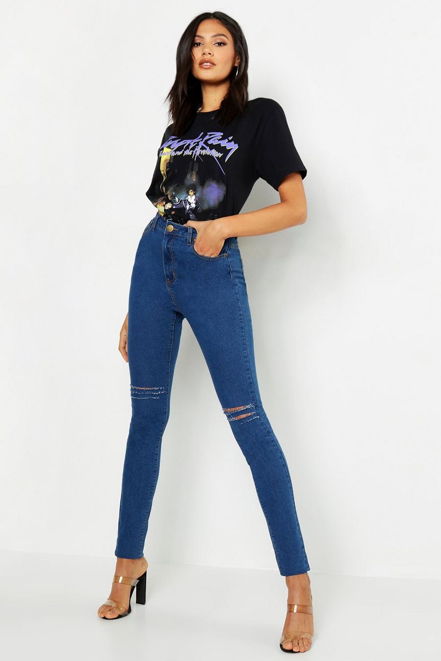 כחול ביניים סקיני ג'ינס עם קרעים High Waist באורך 89 ס'מ לנשים גבוהות