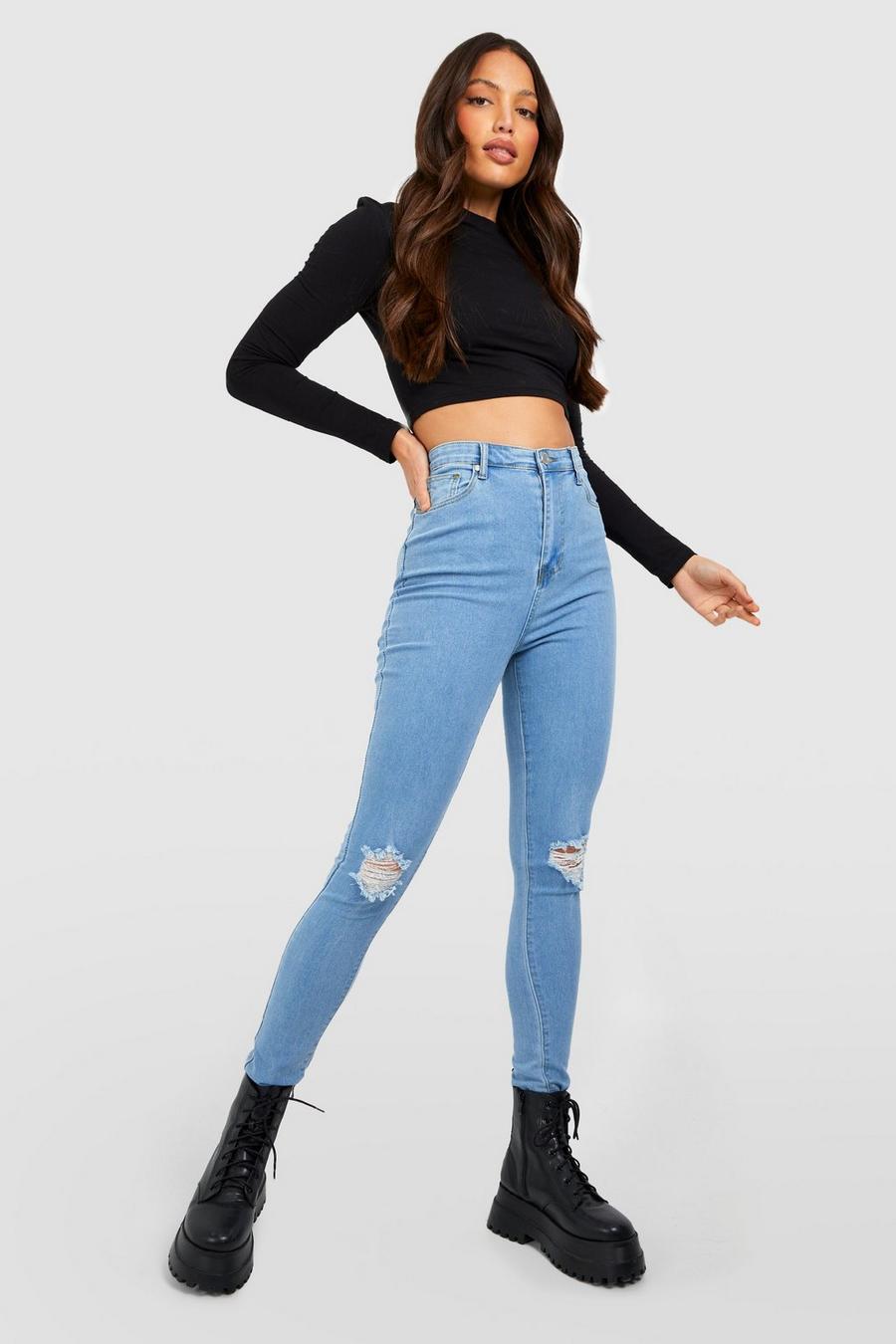 כחול בהיר סקיני ג'ינס עם קרעים High Waist באורך 89 ס'מ לנשים גבוהות
