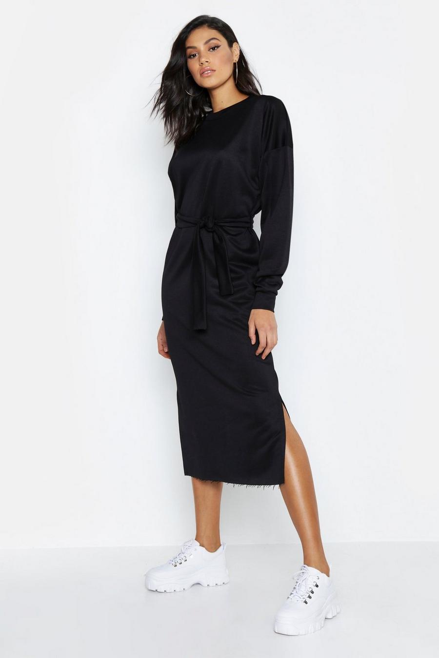 שחור שמלת סווטשרט מידי עם חגורה לנשים גבוהות image number 1