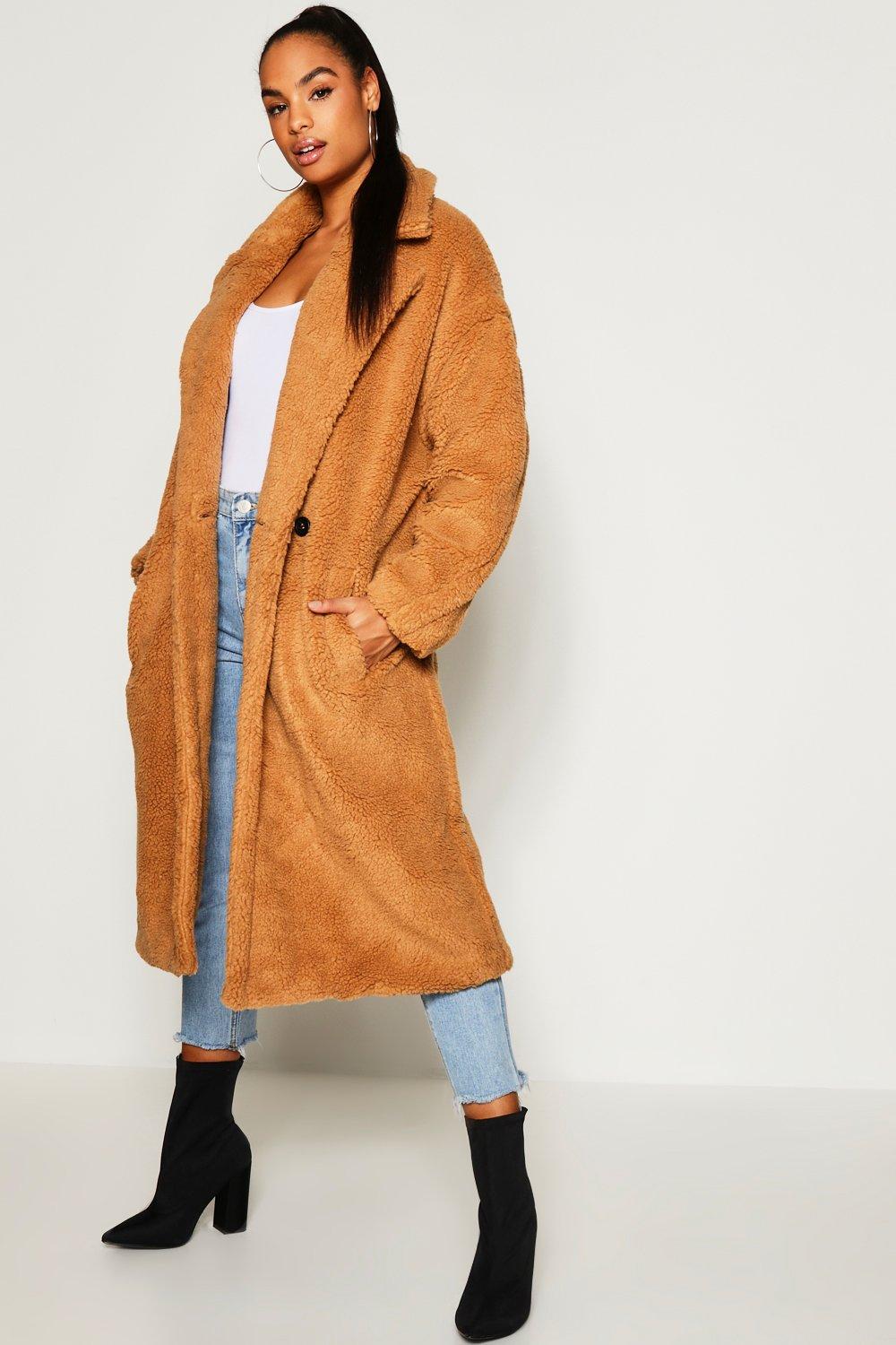 camel teddy faux fur coat