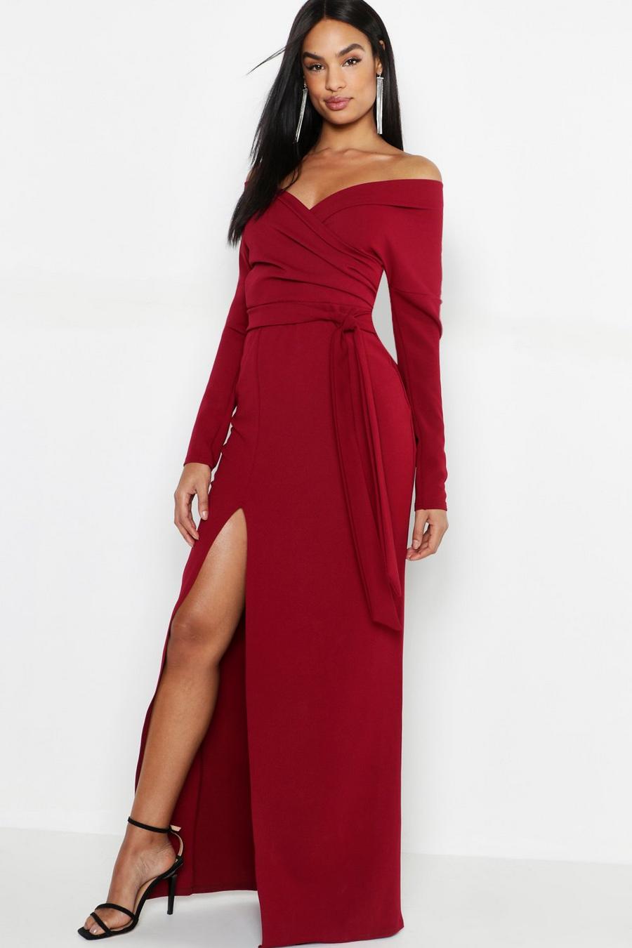 Berry Tall Off The Shoulder Thigh Split Maxi Dress image number 1
