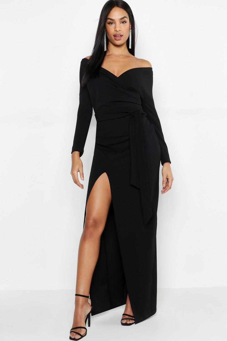 Black Tall Off The Shoulder Thigh Split Maxi Dress image number 1