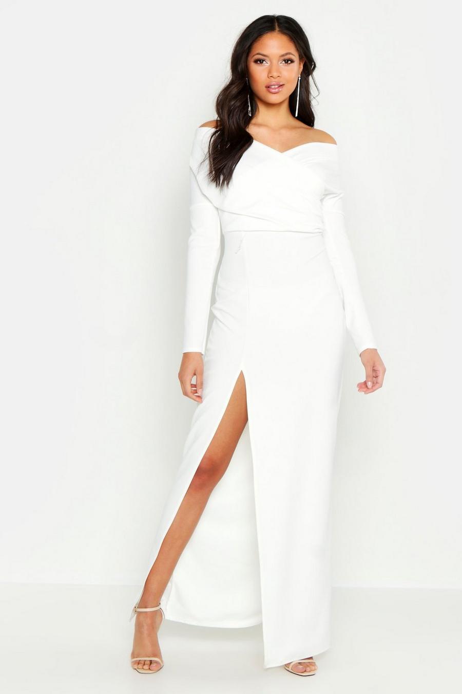 Ivory Tall Off The Shoulder Thigh Split Maxi Dress image number 1