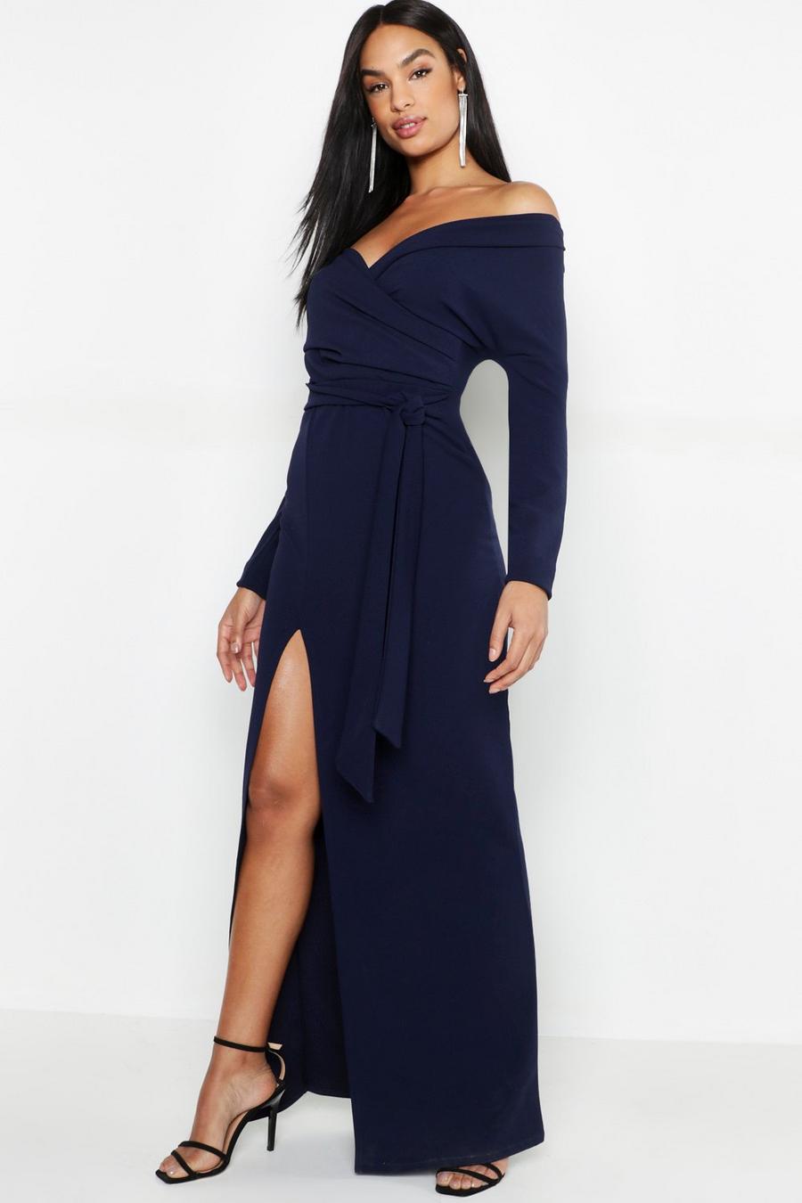 Navy Tall Off The Shoulder Thigh Split Maxi Dress image number 1