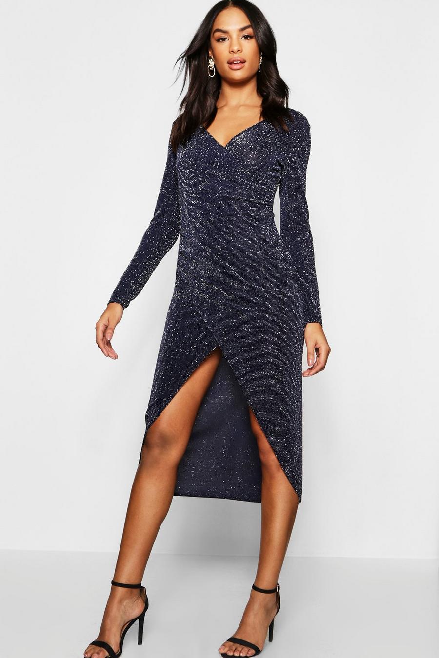 Navy Tall Shimmer Wrap Bodycon Midi Dress image number 1