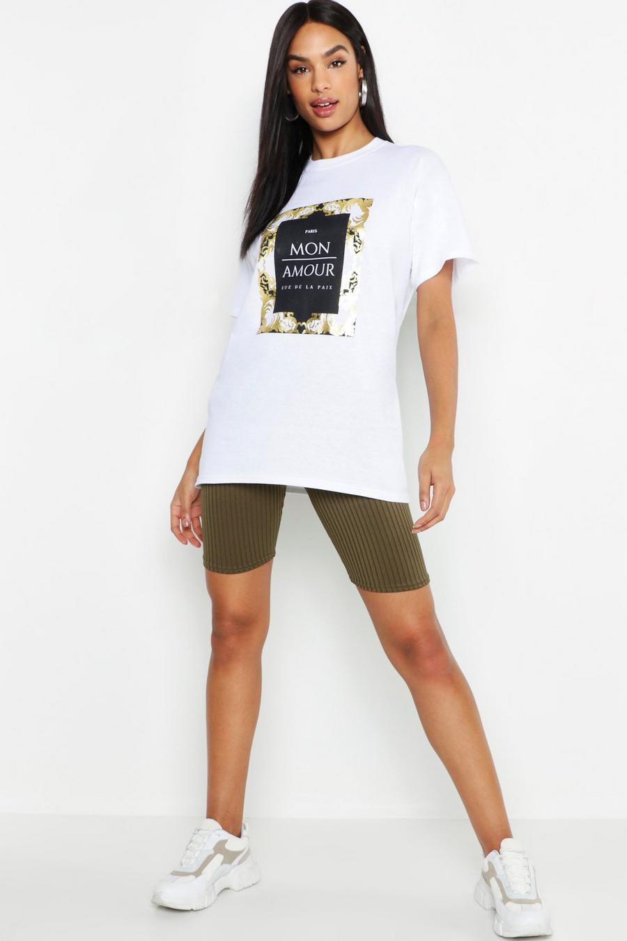 Tall t-shirt laminata con slogan francese Mon Amour e stampa effetto pelle di serpente image number 1