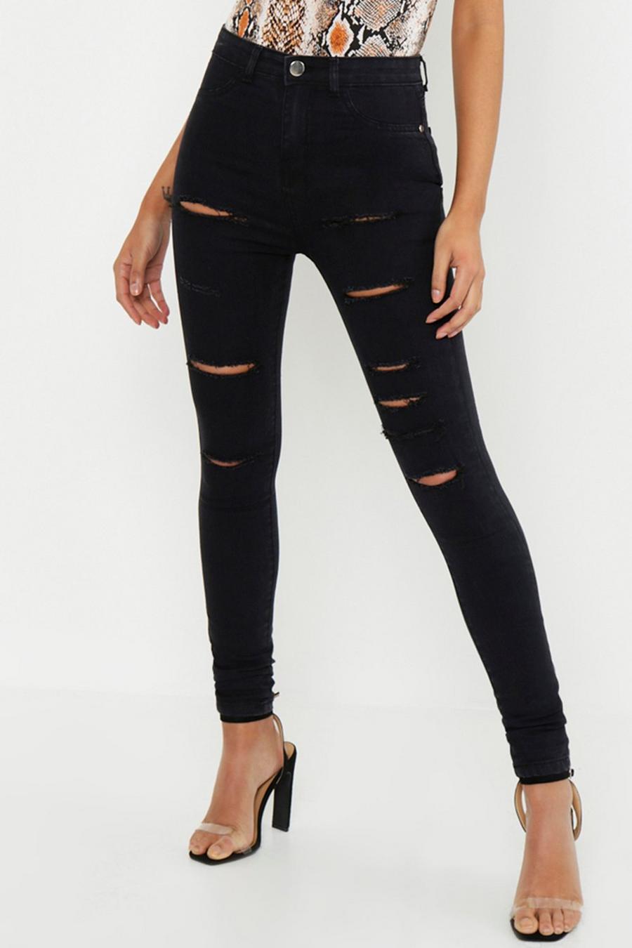 שחור nero טייץ ג'ינס עם חתכים רוחביים לנשים גבוהות