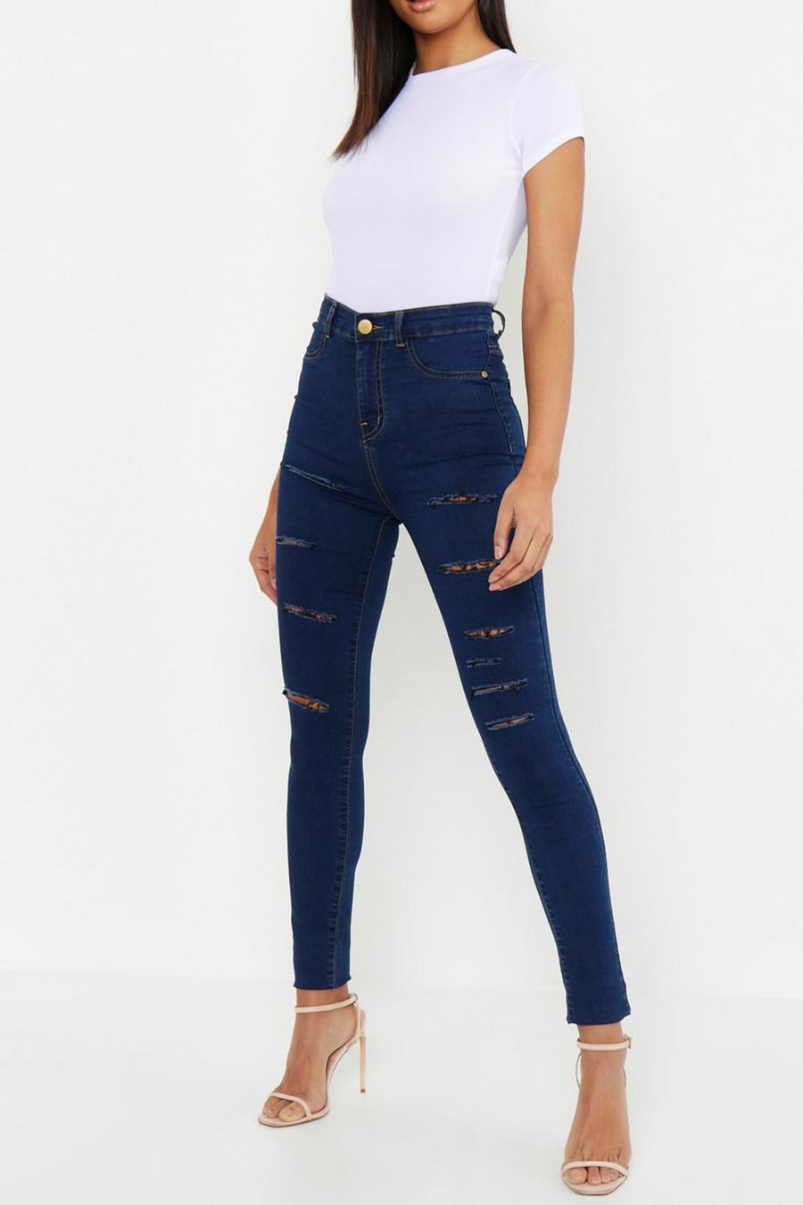 כחול כהה טייץ ג'ינס עם חתכים רוחביים לנשים גבוהות image number 1