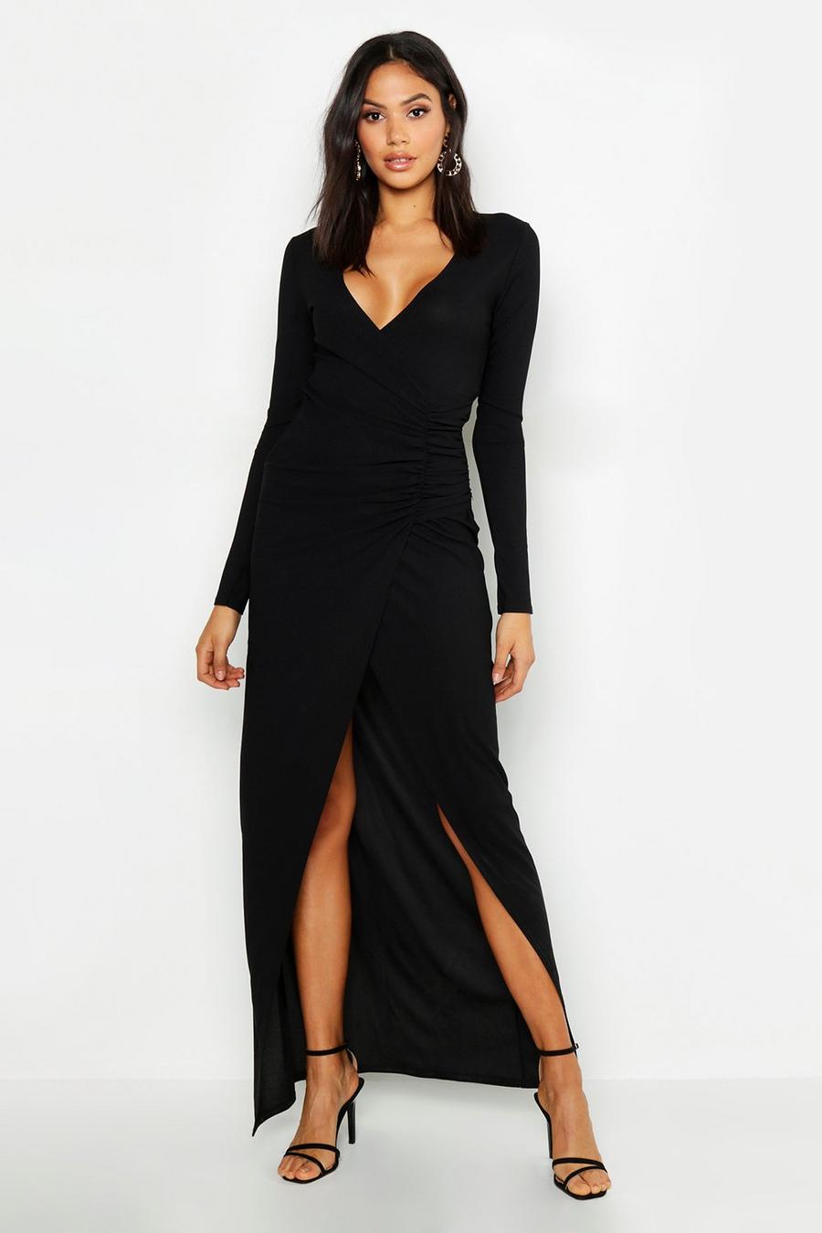 שחור שמלת מקסי עם מחשוף עמוק וקפלים לנשים גבוהות image number 1