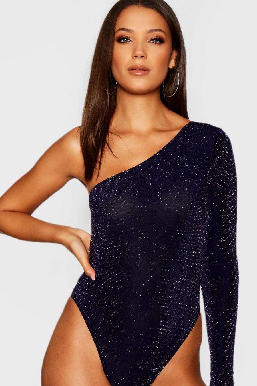 Navy Tall One Shoulder Shimmer Bodysuit image number 1