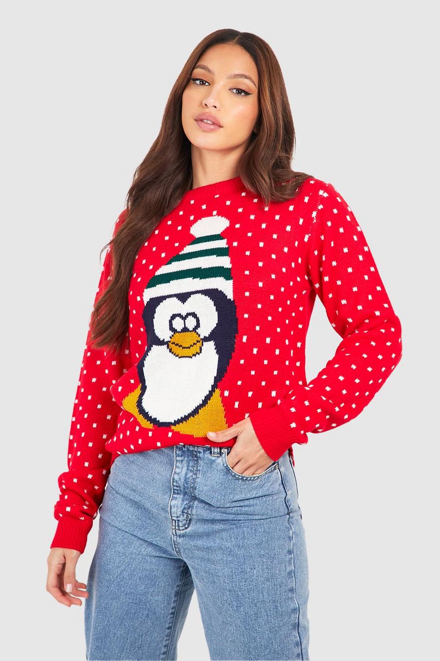 Jersey Tall navideño con estampado de pingüino, Rojo red