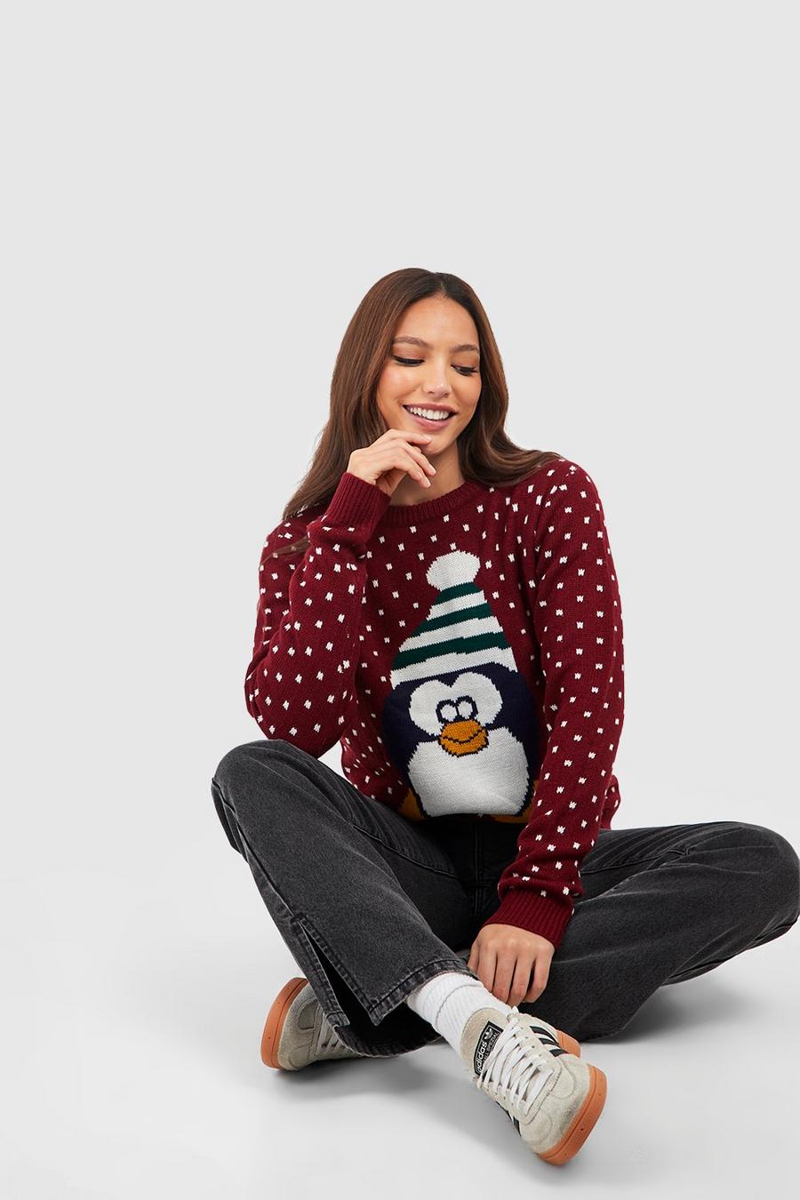 Wine Tall Penguin Christmas Sweater image number 1