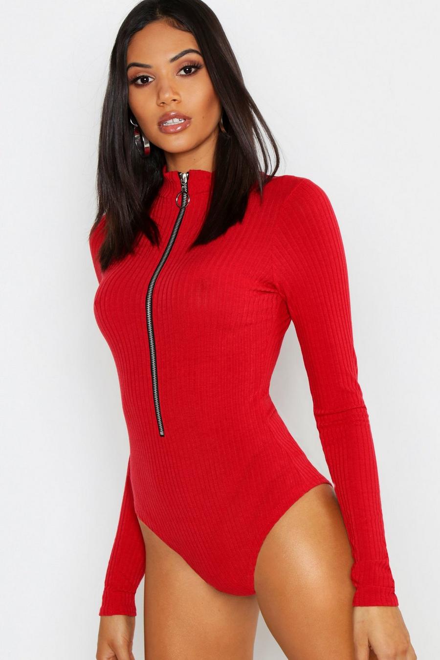 Red rouge Tall Long Sleeve Zip Front Knitted Rib Bodysuit image number 1