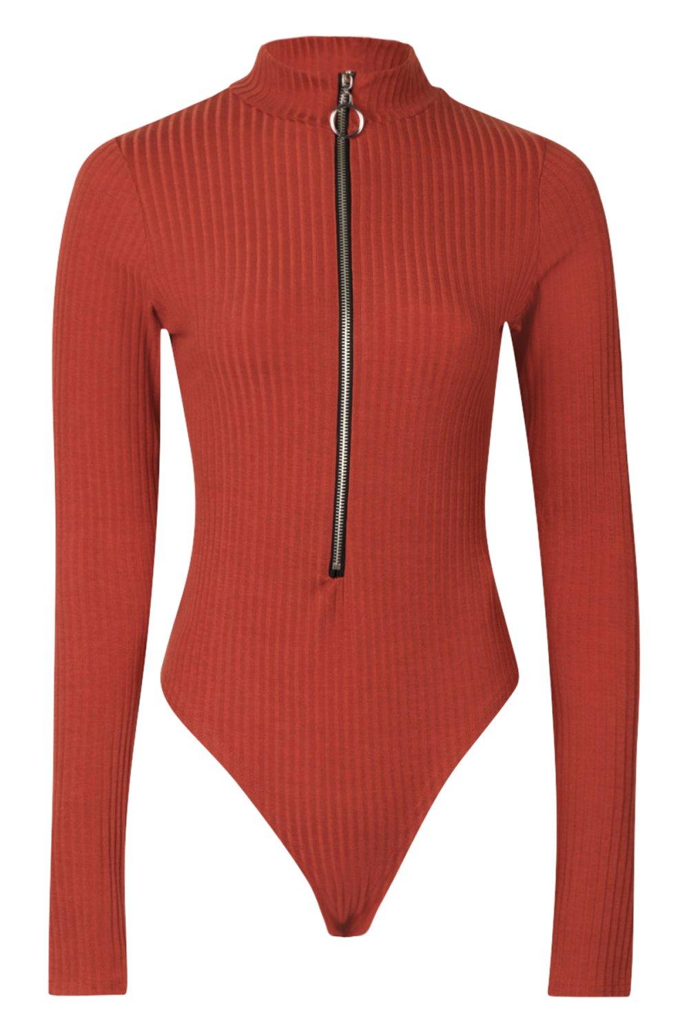 Tall Long Sleeve Zip Front Knitted Rib Bodysuit