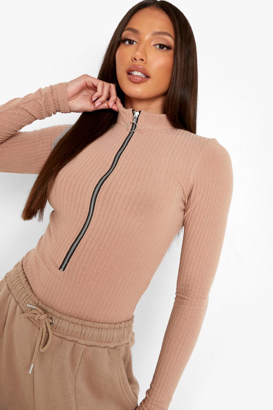 Stone Tall Long Sleeve Zip Front Knitted Rib Bodysuit image number 1