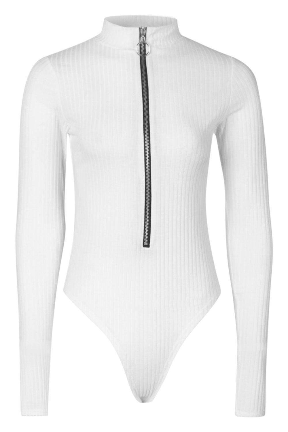 Zip Up Vneck Cotton Rib Long sleeve Bodysuit (Off White)