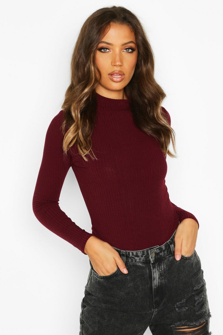Berry Tall High Neck Long Sleeve Rib Bodysuit image number 1