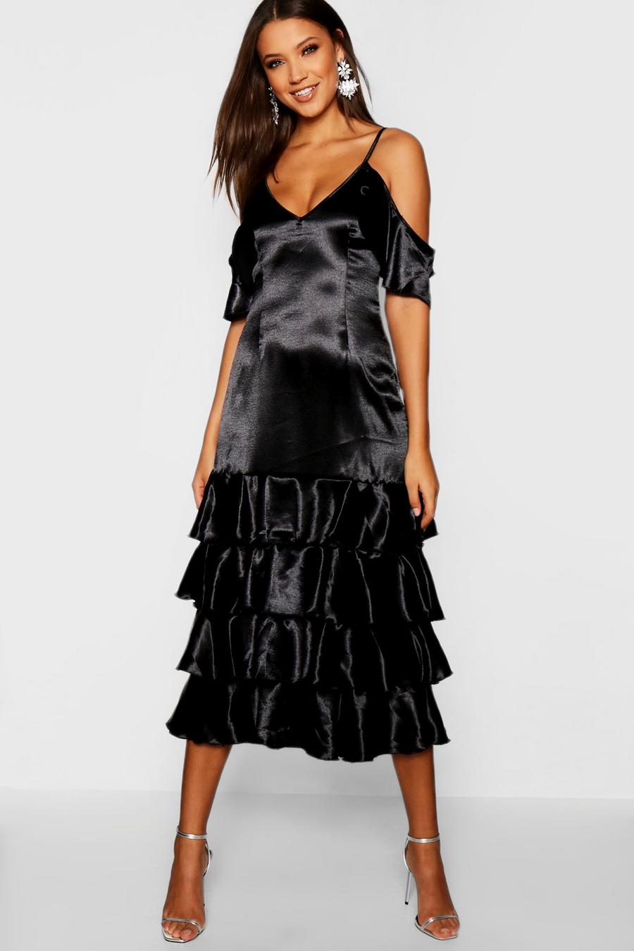 Black Tall Satin Ruffle Midi Dress image number 1
