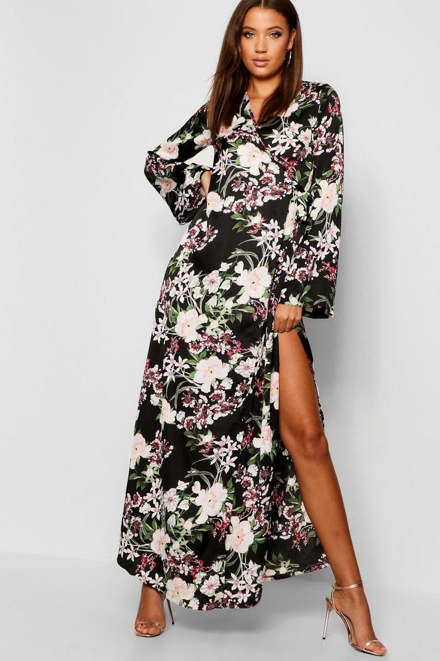 Robe Maxi Kimono à fleurs cache-cœur avec ceinture Tall image number 1