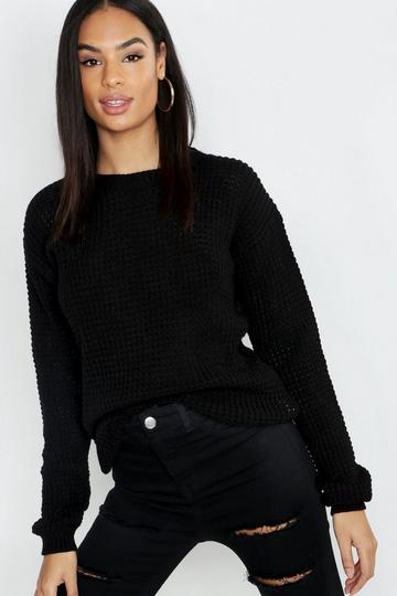 Black Tall Basic Waffle Knitted Sweater