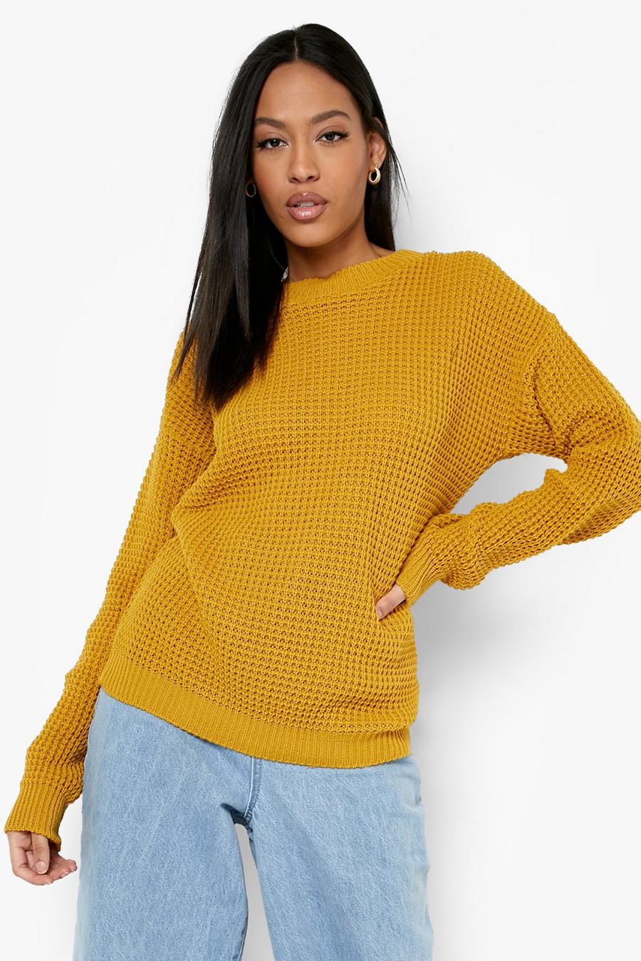 Mustard Tall Basic Waffle Knitted Jumper image number 1