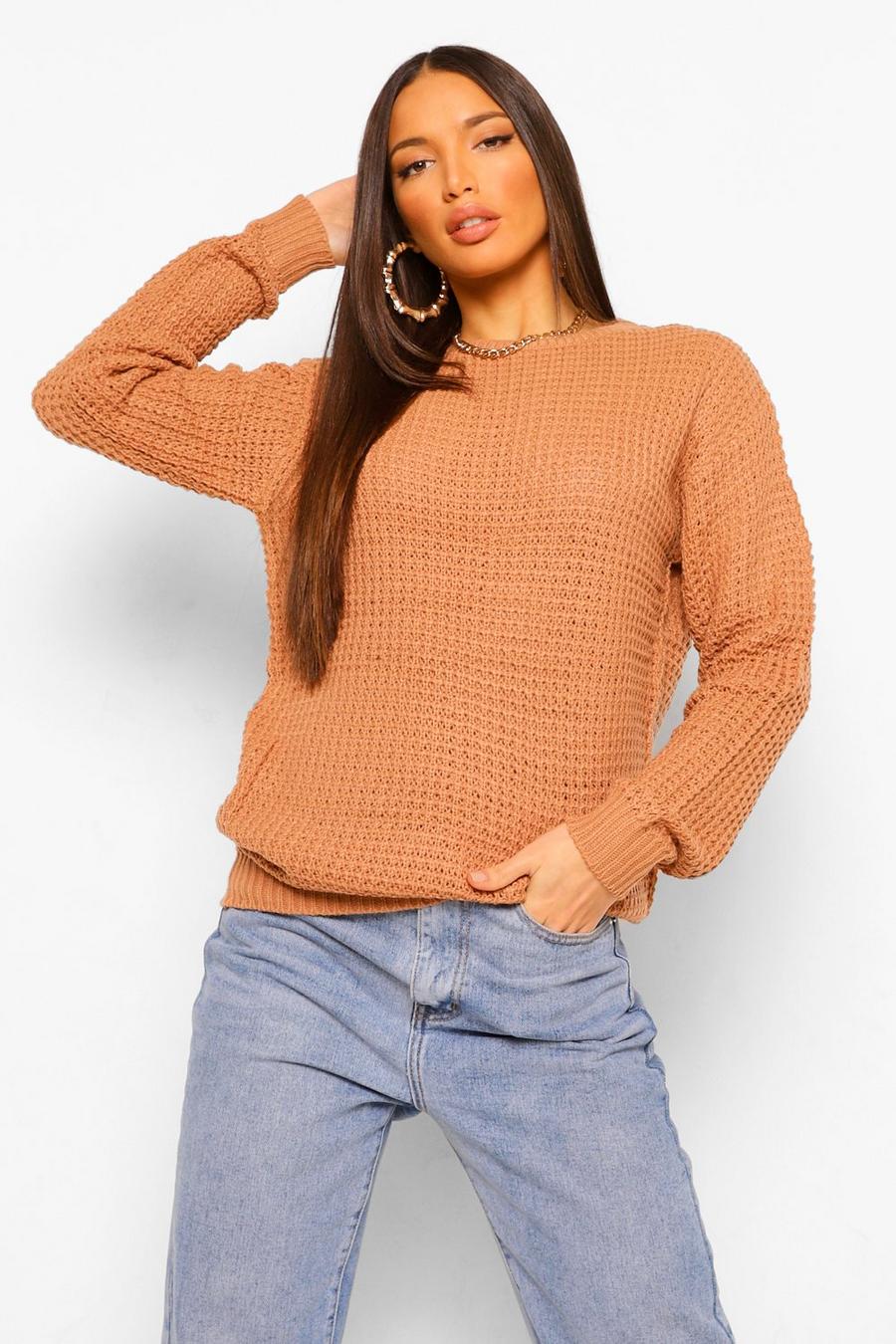 Tan Tall Basic Waffle Knitted Jumper image number 1