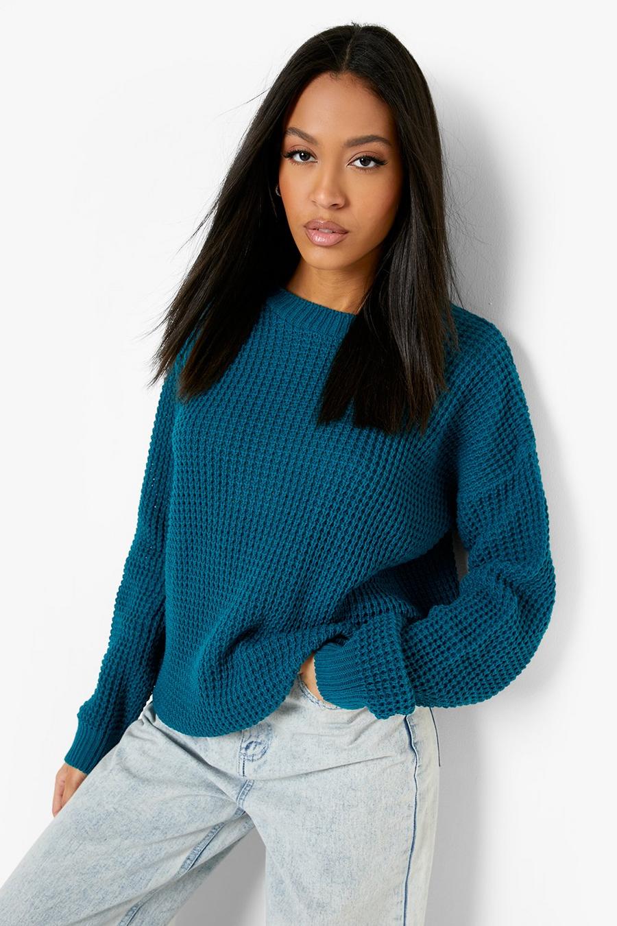 Teal green Tall Basic Waffle Knitted Jumper image number 1