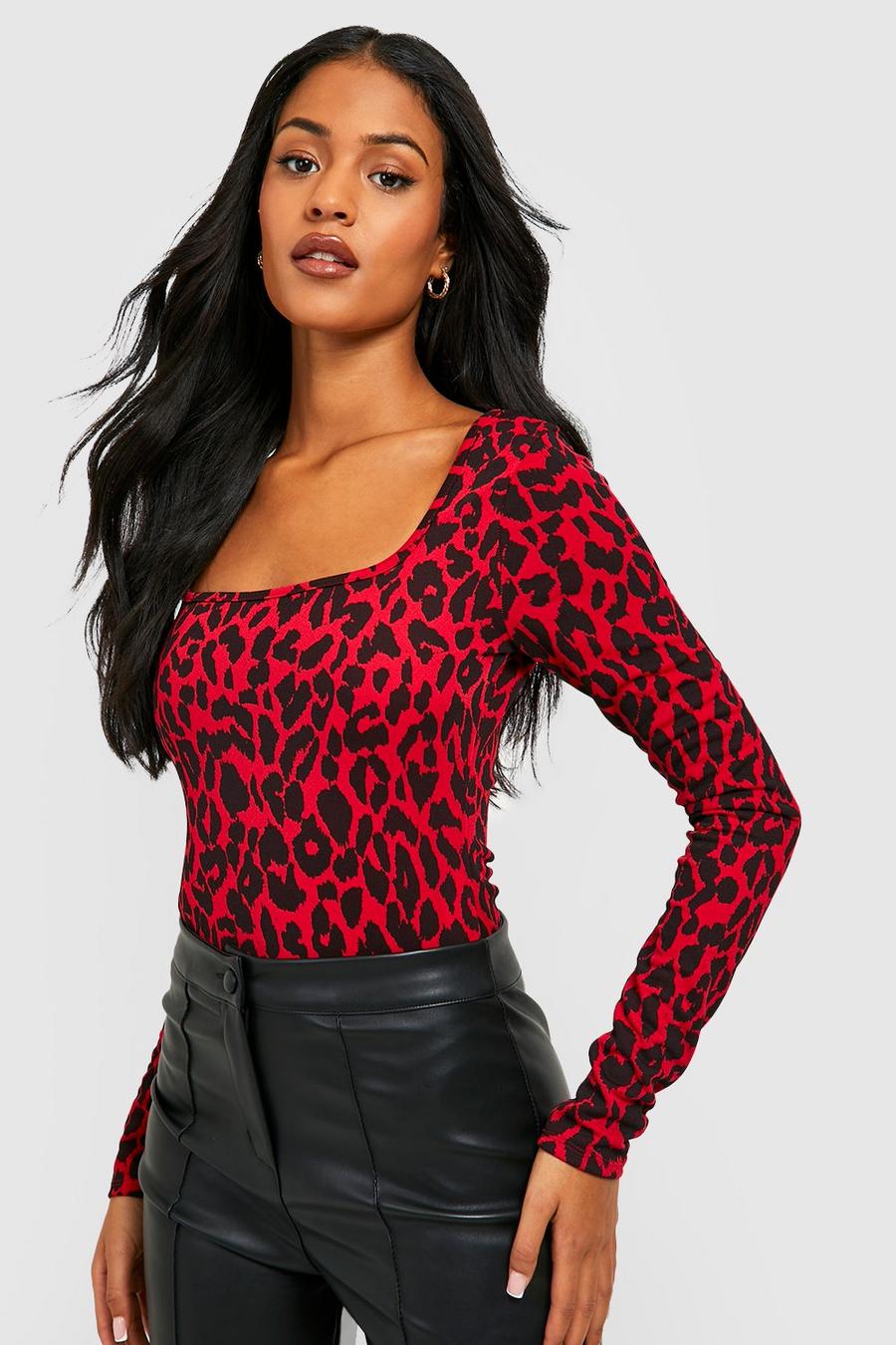 Red rojo Tall Square Neck Leopard Print Bodysuit image number 1