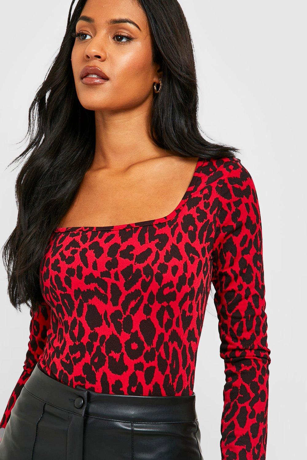 Women's Red Tall Square Neck Leopard Print Bodysuit