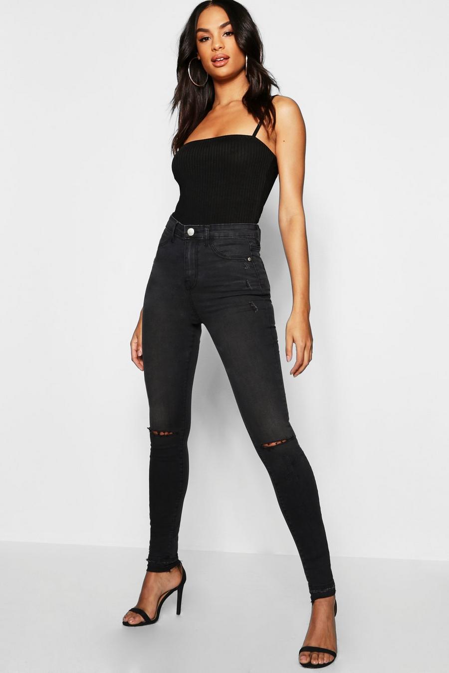 שחור טייץ ג'ינס עם קרע בברך לנשים גבוהות image number 1