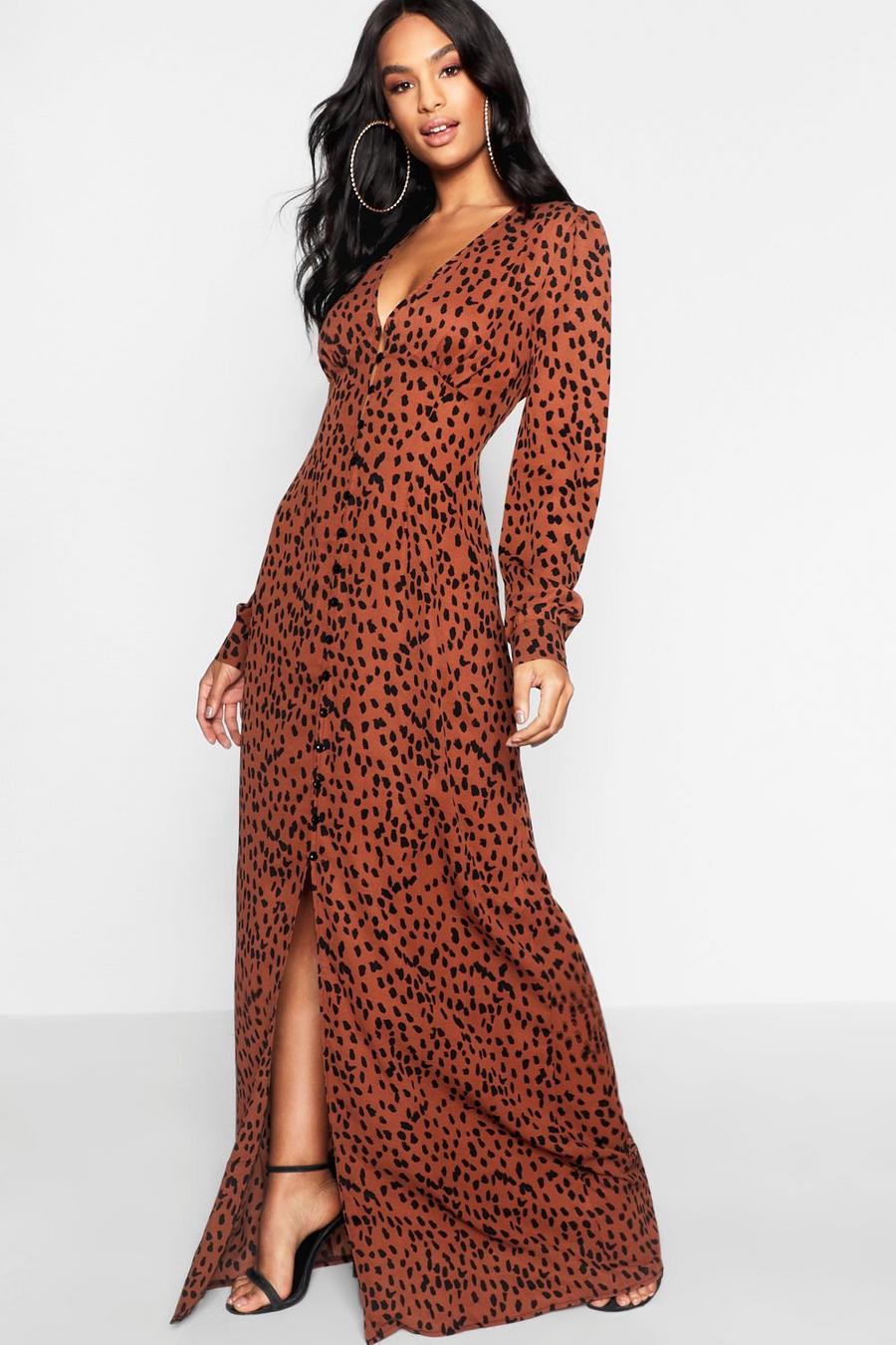 Mocha beige Tall Leopard Print Maxi Dress image number 1