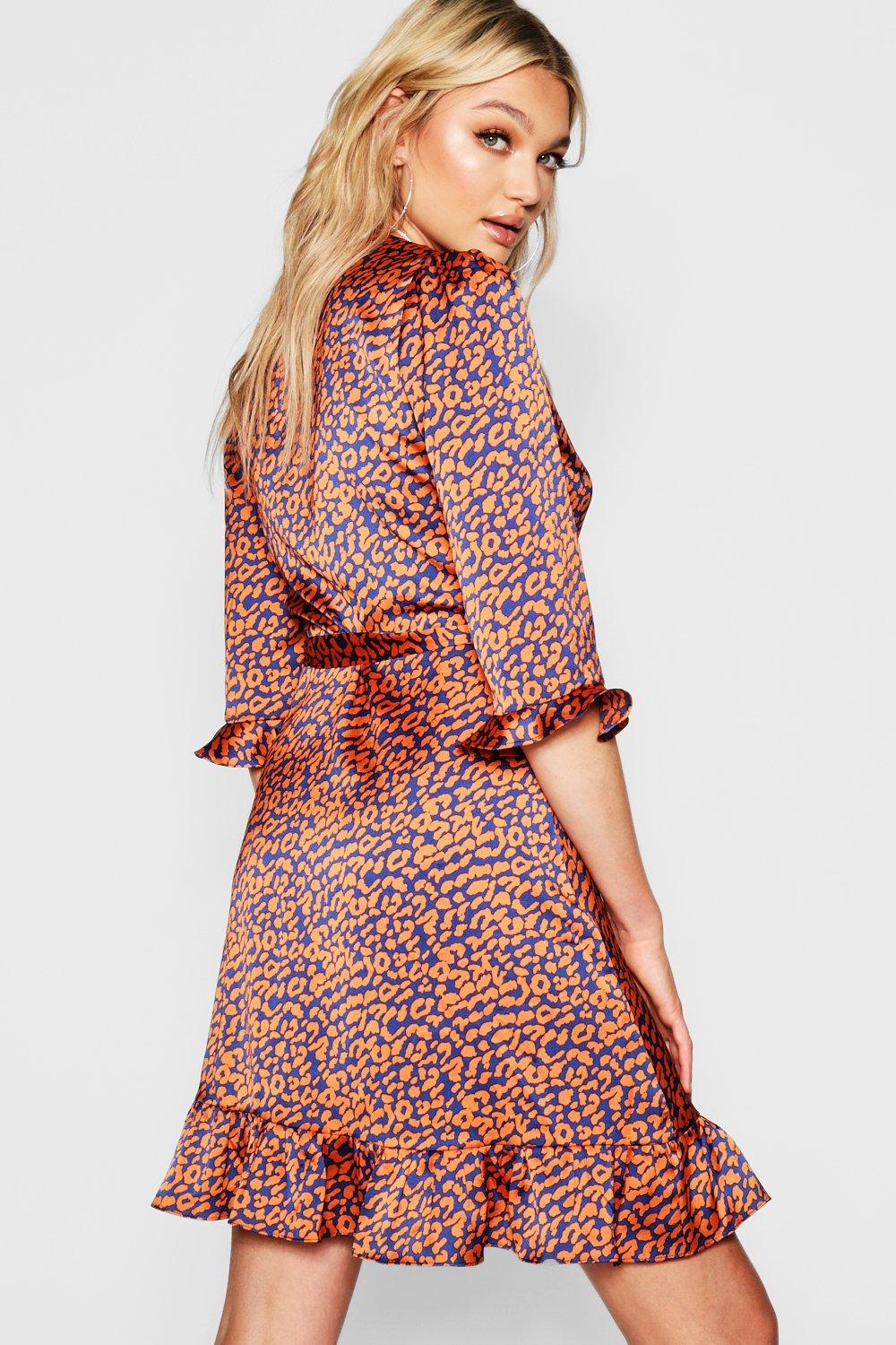 boohoo satin ruffle wrap dress in leopard