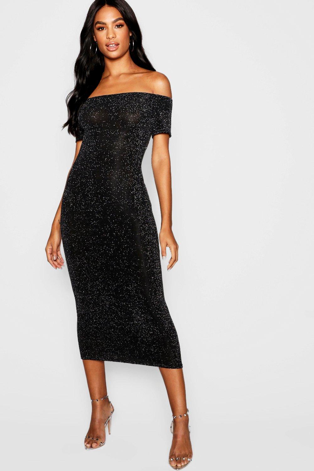 boohoo off shoulder midi dress