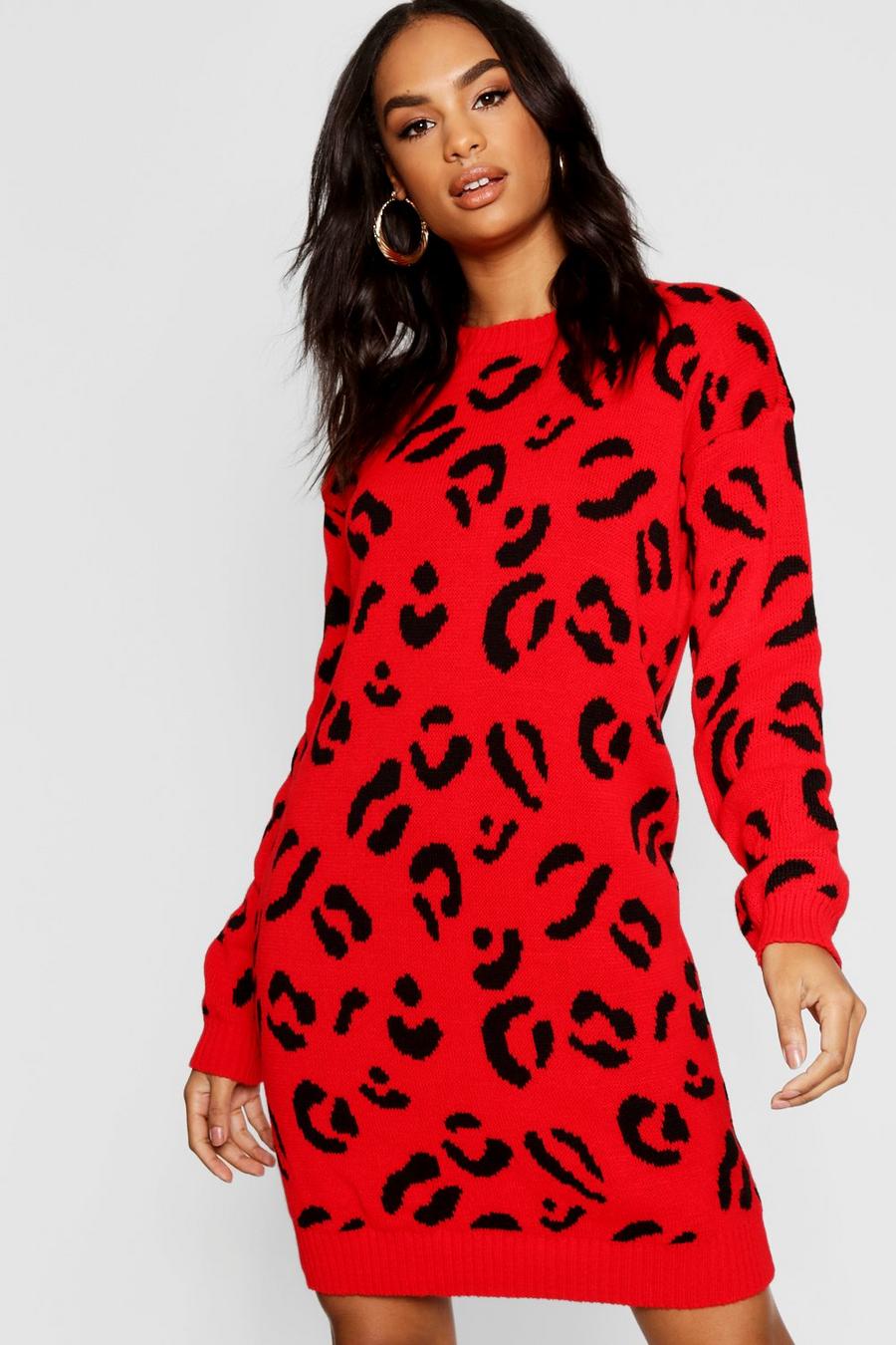 Red Tall Leopard Print Sweater Dress image number 1
